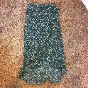 Forest Green Floral Print High-Low Midi Skirt